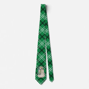 Green and White Holiday Plaid Snowman   Tie