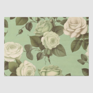 Green and White Italian Flower Print Decoupage /  Tissue Paper