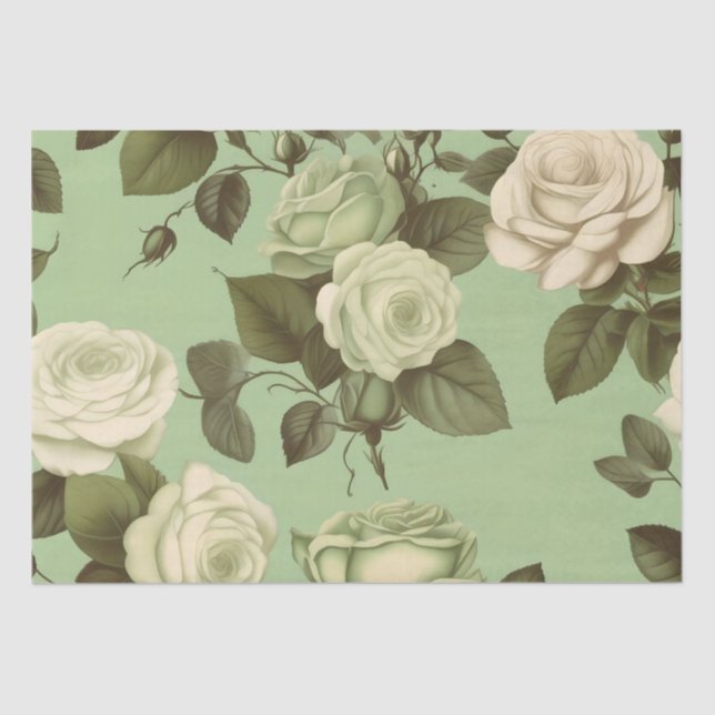 Green and White Italian Flower Print Decoupage /  Tissue Paper (Front)
