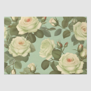 Green and White Italian Flower Print Decoupage /  Tissue Paper