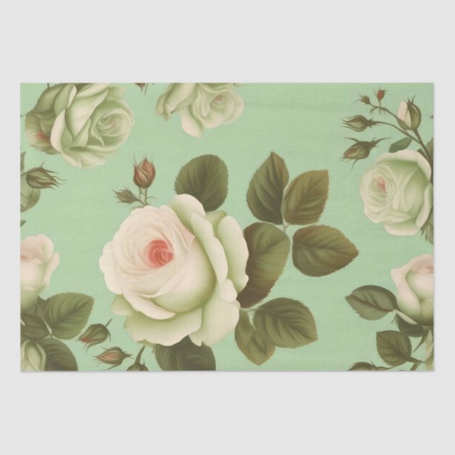 Green and White Italian Flower Print Decoupage /  Tissue Paper (Front)