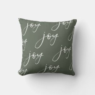 Green and White Joy Script Pillow