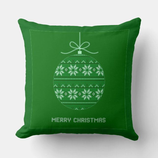 Green And White Knitted Merry Christmas Ornament Cushion (Front)