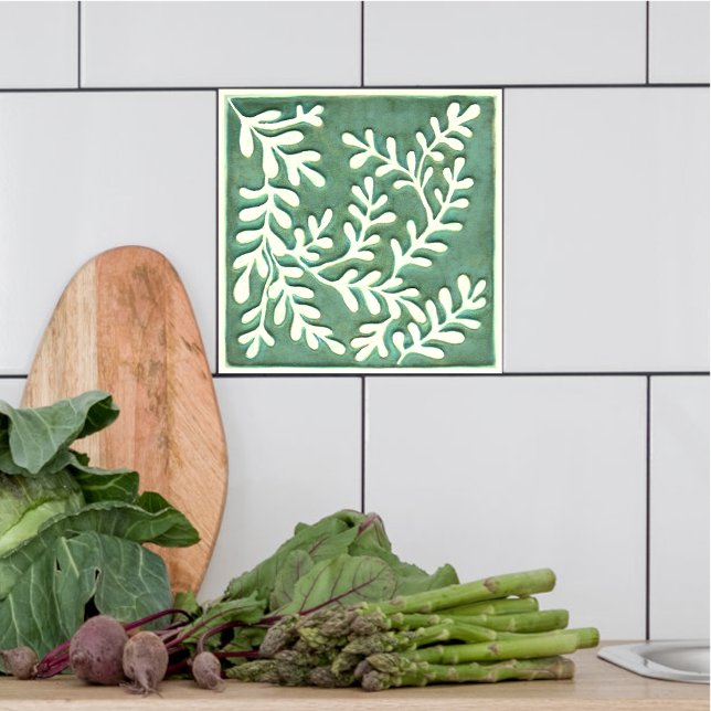 Green and white leaves Ceramic Tile (Green and white tile on a kitchen backsplash.)