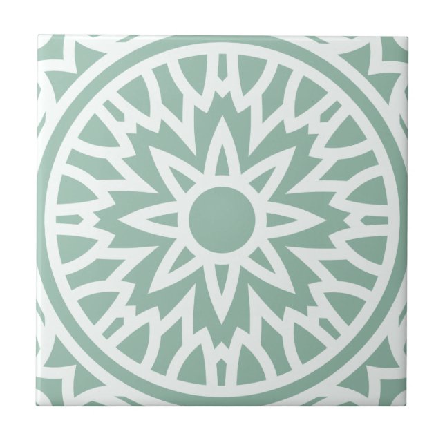 Green and White Mandala Ceramic Tile (Front)