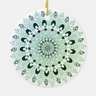 Green and White Mandala Flower Design  Ceramic Ornament