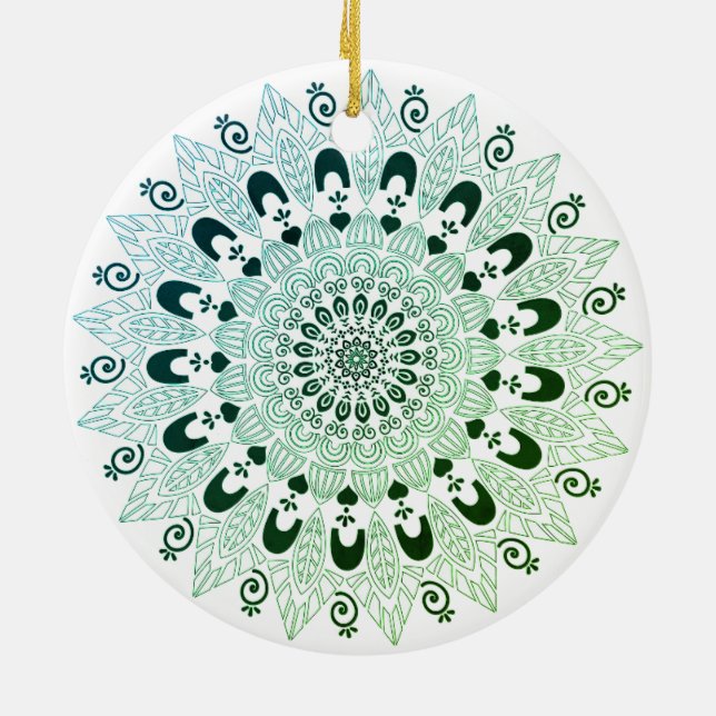 Green and White Mandala Flower Design  Ceramic Ornament (Back)