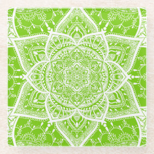 Green and White Mandala - Loergann in Ginkgo Glass Coaster