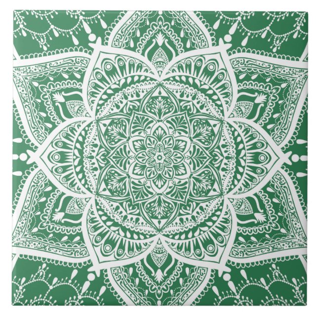 Green and White Mandala - Loergann in Rosemary Ceramic Tile (Front)