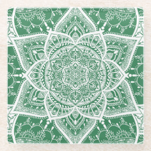 Green and White Mandala - Loergann in Rosemary Glass Coaster