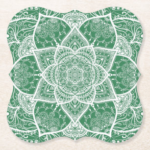 Green and White Mandala - Loergann in Rosemary Paper Coaster