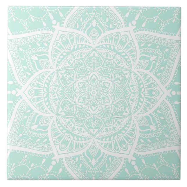 Green and White Mandala - Loergann in Sea Glass Ceramic Tile (Front)