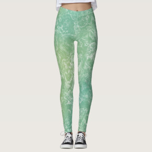 Green and White Marble Swirl Abstract Leggings