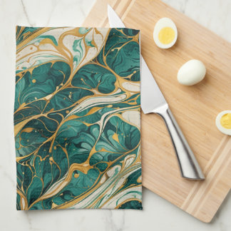 Green and White Marble with Gold Accents Tea Towel