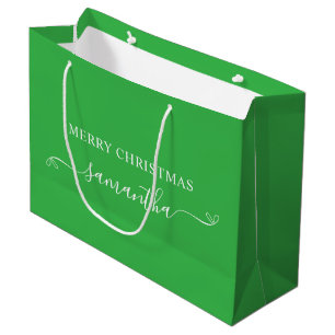 Green and White Merry Christmas Bow Signature Name Large Gift Bag