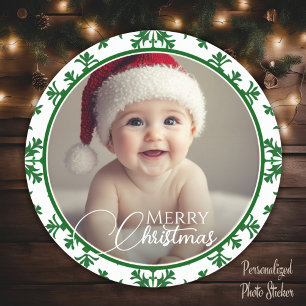 Green And White Merry Christmas Photo Classic Round Sticker