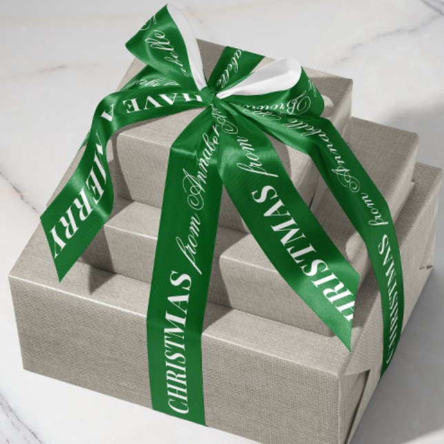 Green and White Mixed Font Merry Christmas Gift Satin Ribbon (custom Merry Christmas gift satin ribbon with personalized name text in white)