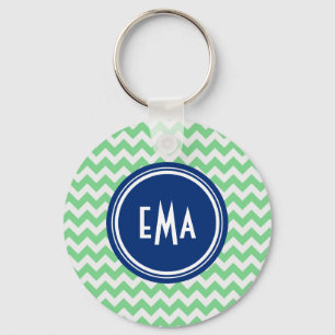 Green And White Monogram Geometric Chevron Pattern Key Ring