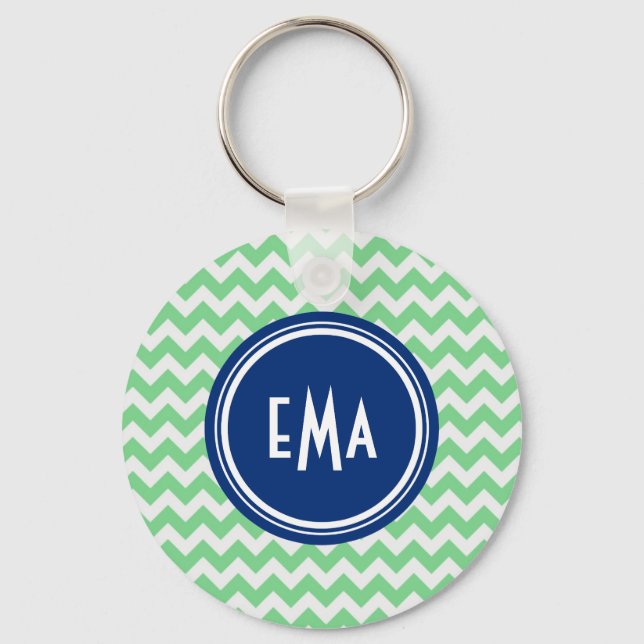 Green And White Monogram Geometric Chevron Pattern Key Ring (Front)
