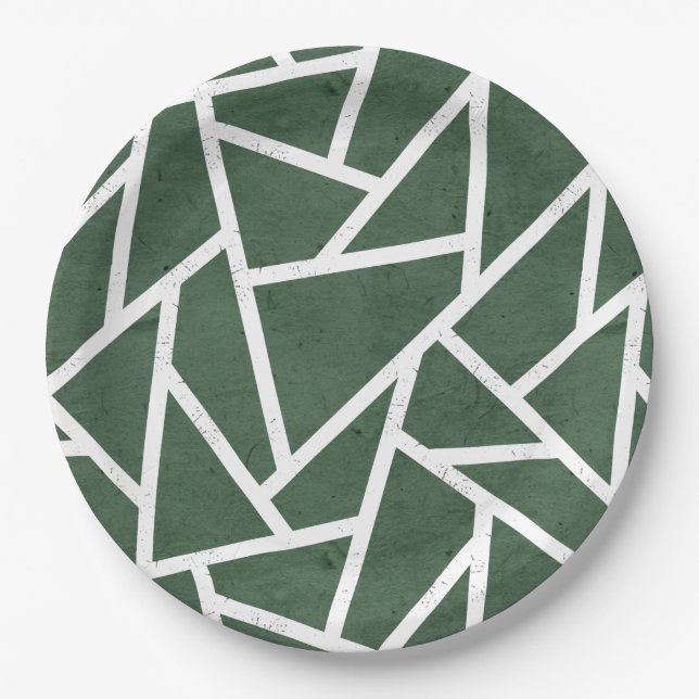 Green and white mosaic pattern paper plate (Front)