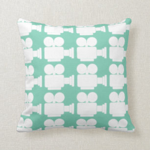GREEN AND WHITE MOVIE CAMERA MOTIF CUSHION