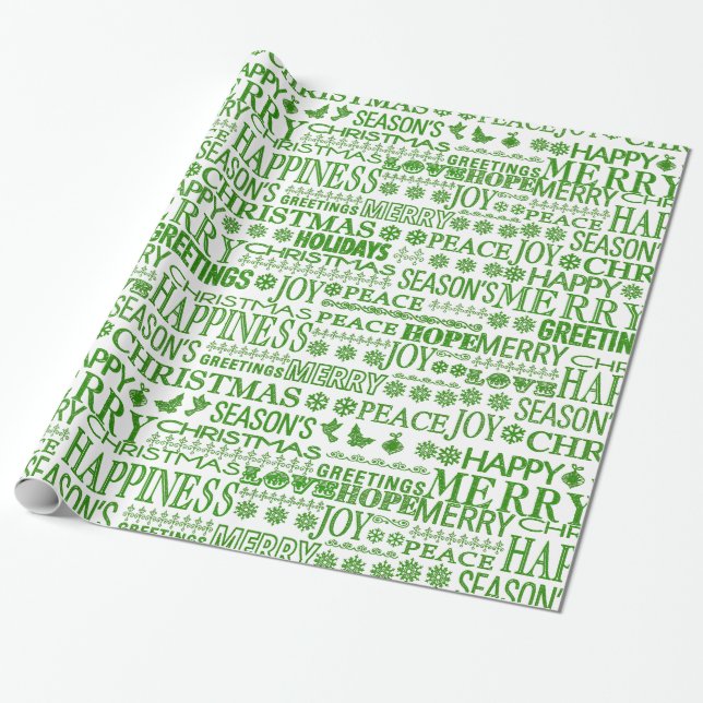 Green And White Multilingual Merry Christmas Wrapping Paper (Unrolled)