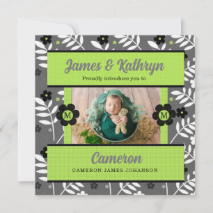 Green and White Non-Gender Specific Baby Birth Announcement