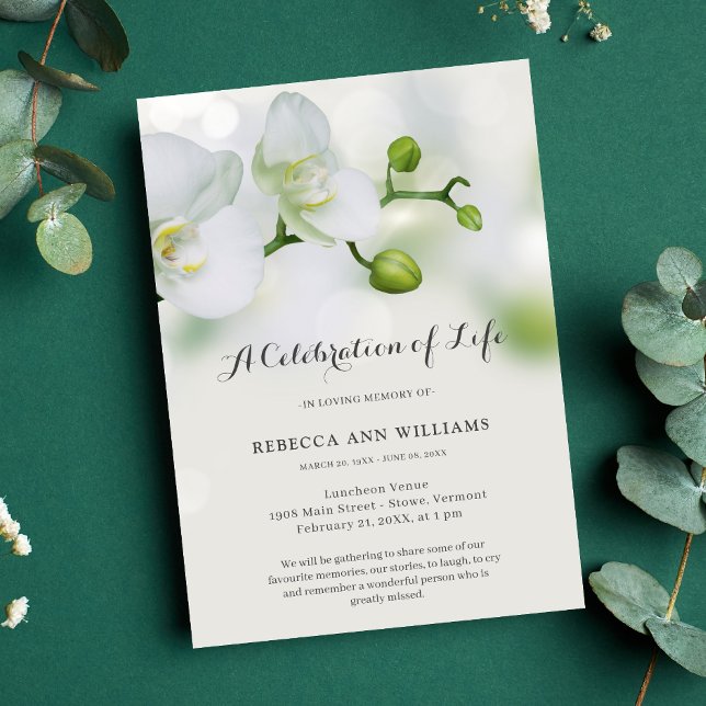 Green and White Orchid Celebration of Life Funeral Invitation (Orchid Celebration of Life Invitation)