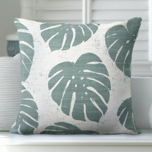 Green and White Palm Leaves Throw Pillow