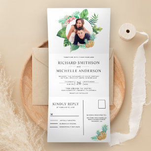 Green and White Palm Leaves Wreath Photo Wedding Tri-Fold Invitation