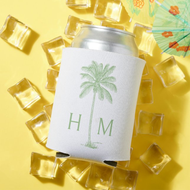 Green and White Palm Palmetto Tree Monogram Can Cooler (In Situ Summer)