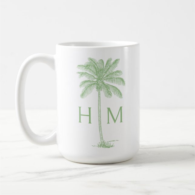 Green and White Palm Palmetto Tree Monogram Coffee Mug (Left)