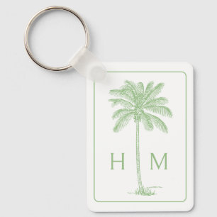 Green and White Palm Palmetto Tree Monogram Key Ring