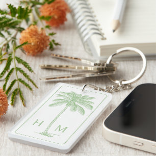 Green and White Palm Palmetto Tree Monogram Key Ring
