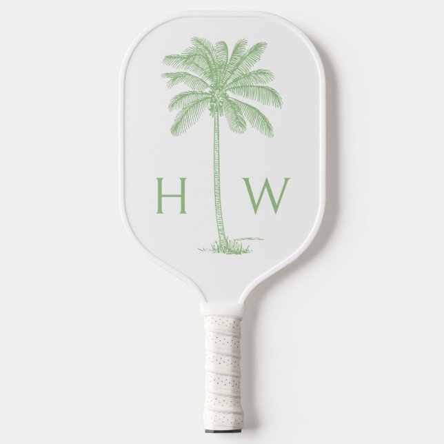 Green and White Palm Palmetto Tree Monogram Pickleball Paddle (Front)