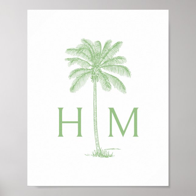Green and White Palm Palmetto Tree Monogram Poster (Front)