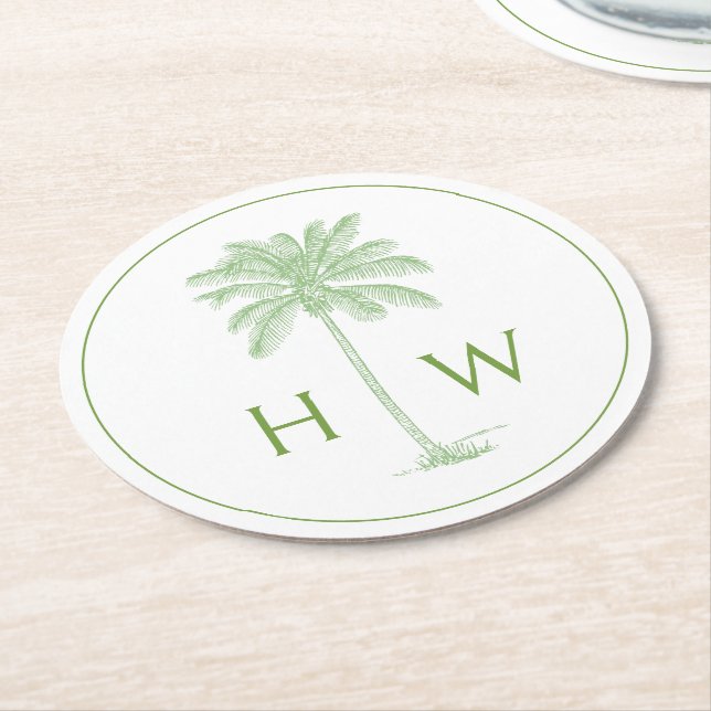 Green and White Palm Palmetto Tree Monogram Round Paper Coaster (Angled)