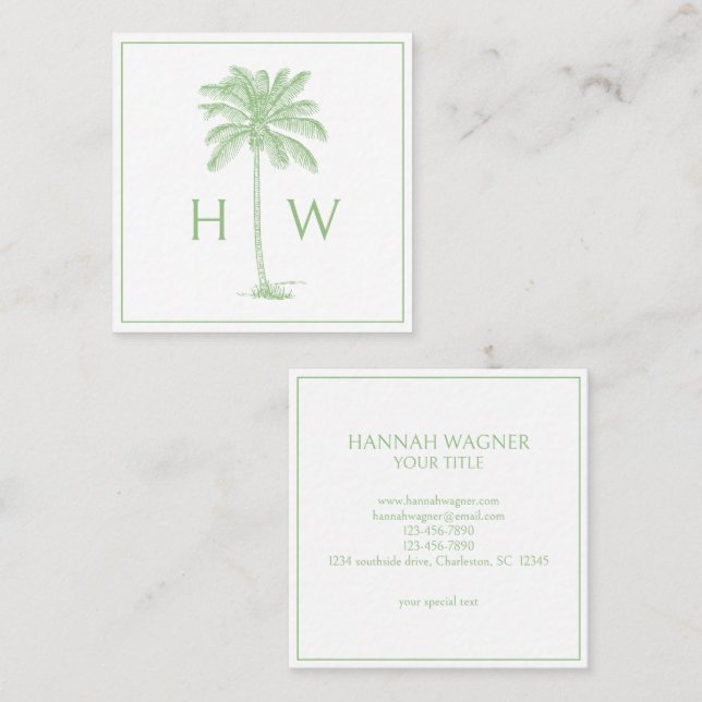Green and White Palm Palmetto Tree Monogram Square Business Card (Front/Back)