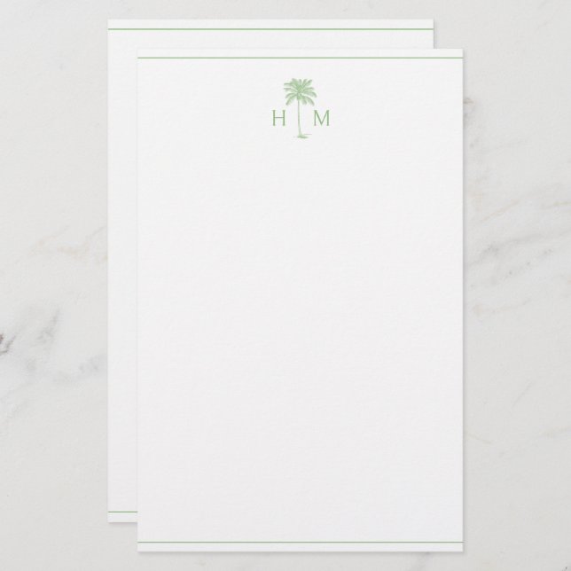 Green and White Palm Palmetto Tree Monogram Stationery (Front/Back)