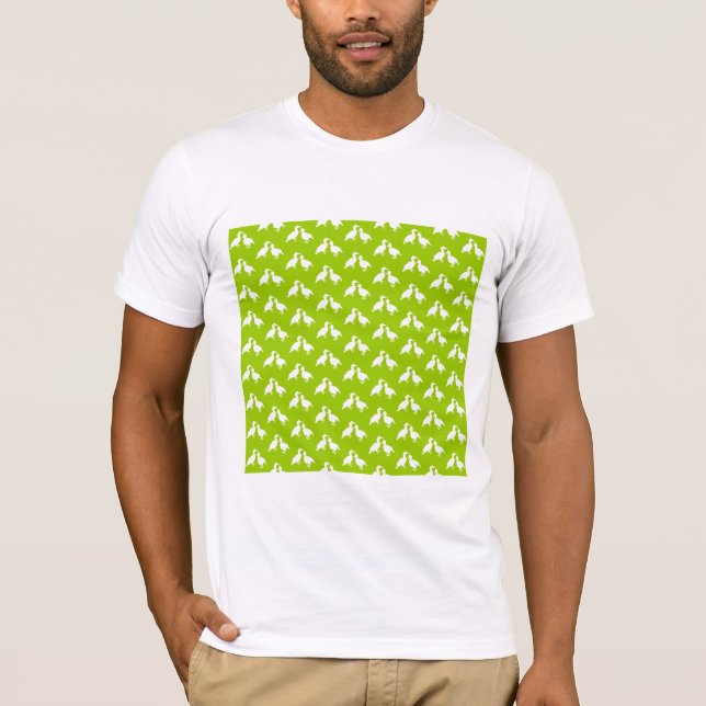 Green and White Pattern of Birds. T-Shirt (Front)