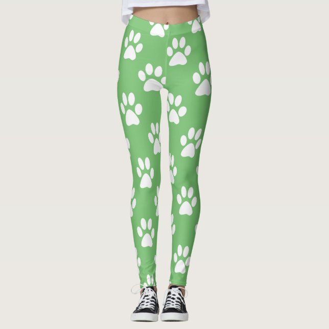 Green and white paws pattern leggings (Front)