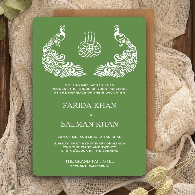 Green and White Peacock Islamic Wedding Invitation (Creator Uploaded)