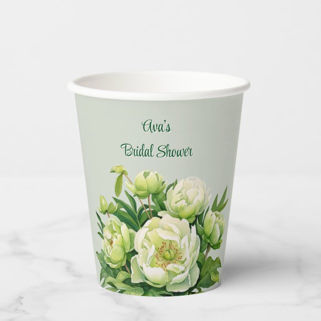 Green and White Peony Elegant Bridal Shower Paper Cups (Front)