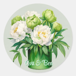 Green and White Peony Elegant Wedding Classic Round Sticker