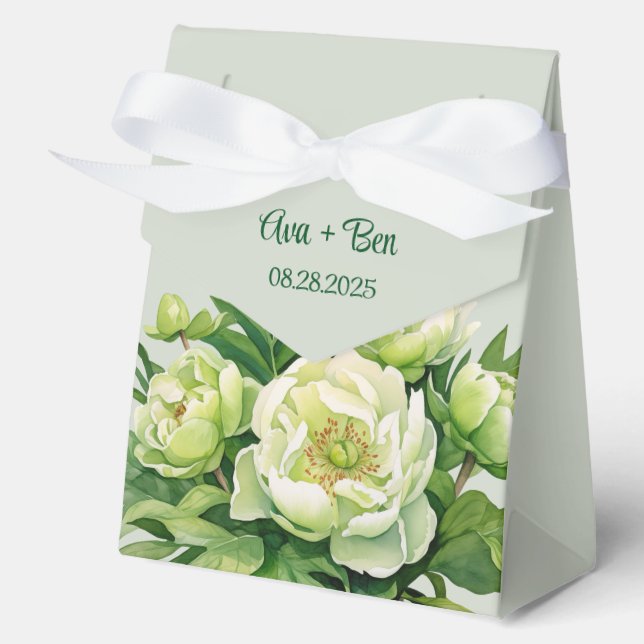 Green and White Peony Elegant Wedding Favour Box (Front)