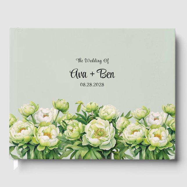 Green and White Peony Elegant Wedding Guest Book (Front)