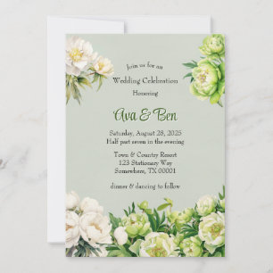 Green and White Peony Elegant Wedding Invitation