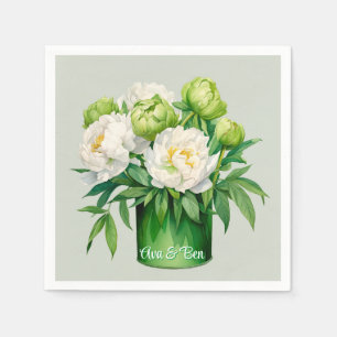Green and White Peony Elegant Wedding Napkin
