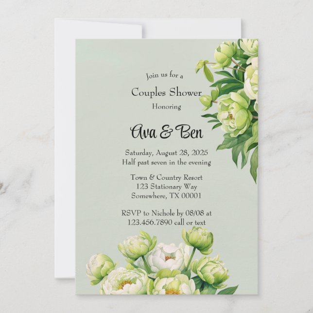 Green and White Peony Elegant Wedding Shower Invitation (Front)