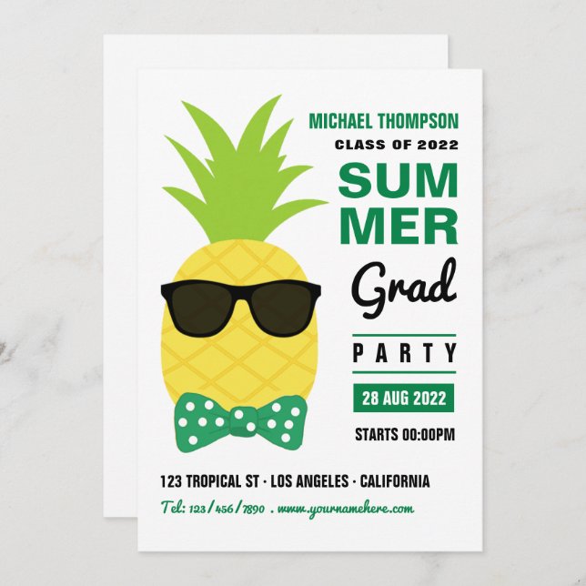 Green and White Pineapple Summer Grad Party Invita Invitation (Front/Back)